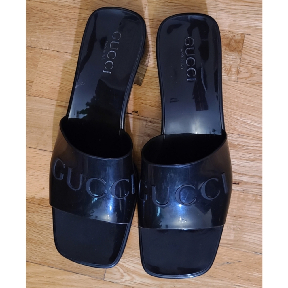 GUCCI Plastique Logo Rubber Heeled Mule Sandals Black Resortwear Minimalist US 8 - Picture 15 of 16